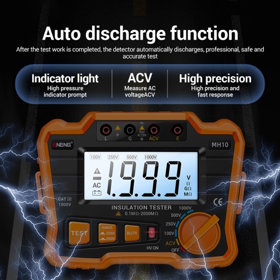 ANENG Digital Megohm Meter 100-1000V High-precision High Pressure Indicator Insulation Resistance Tester MH10 Orange