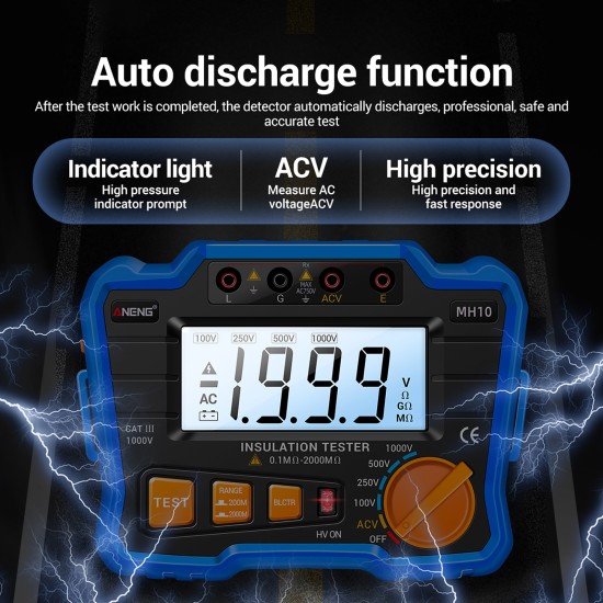 ANENG Digital Megohm Meter 100-1000V High-precision High Pressure Indicator Insulation Resistance Tester MH10 Blue