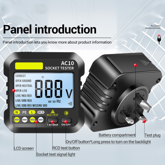 ANENG LCD Receptacle Tester Socket Phase Detector Digital Voltage Display Ground Leakage Tester Fault Checker UK Plug