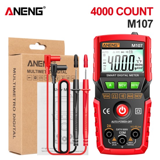 ANENG M107 Digital Multimeter 0-500V 0-2A 4000 Counts Lcd Backlit Tester Red