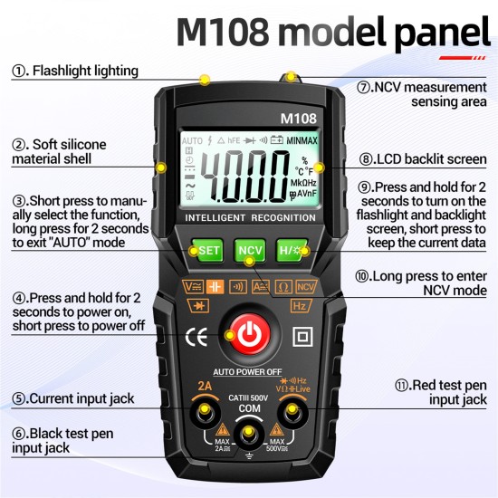 ANENG M108 Digital Multimeter 4000 Counts 0-500V 0-2A High Precision Auto-ranging Current Voltage Tester Black