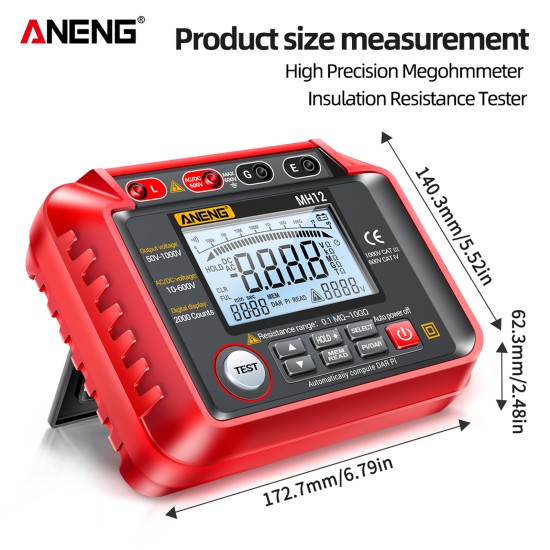 ANENG Mh12 Digital Megohmmeter Meters Insulation Earth Resistance Tester 2000 Count Red