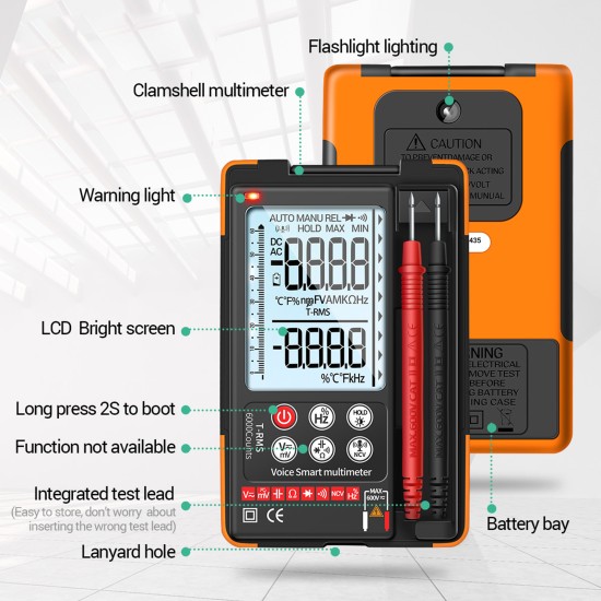 ANENG Q60s Digital Multimeter Ai Voice Recognition Transistor Tester 6000 Counts Trms Automatic Capacitance Meter Orange