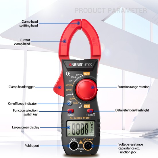 ANENG St170 Clamp Meter Digital Multimeter 500A AC Current AC DC Voltage Tester 1999 Counts Capacitance Ncv Ohm Detection Red