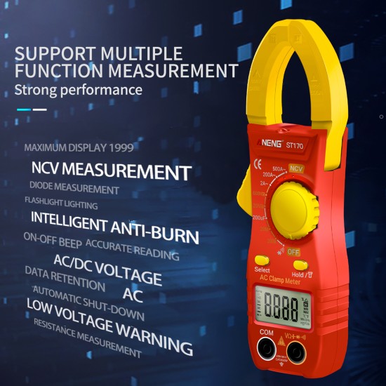 ANENG St170 Clamp Meter Digital Multimeter 500A AC Current AC DC Voltage Tester 1999 Counts Capacitance Ncv Ohm Detection Yellow Red