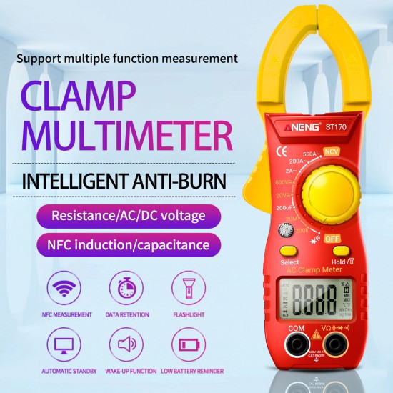 ANENG St170 Clamp Meter Digital Multimeter 500A AC Current AC DC Voltage Tester 1999 Counts Capacitance Ncv Ohm Detection Black