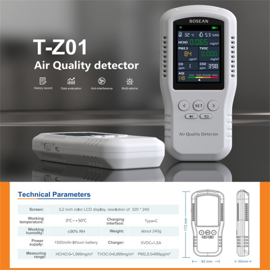 Air Quality Monitor Co2 Co Pm2.5 Hcho Tvoc Temperature Humidity Meter Home Air Quality Detector T-z01 White