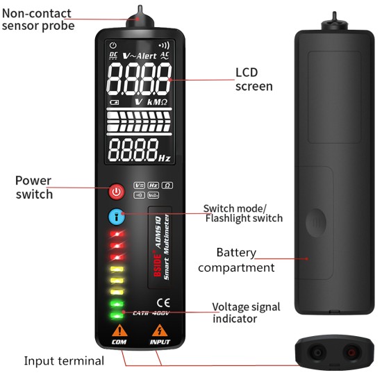 BSIDE ADMS1Q Lcd Voltage Tester Pen Non-contact AC Voltage Detector Ohm Hz Volt Continuity V-alert Voltmeter