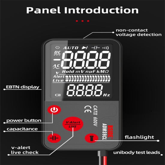 BSIDE ADMS9CL Digital Multimeter 9999 Counts Large Screen Display Portable Automatic Ohm Amp Tester