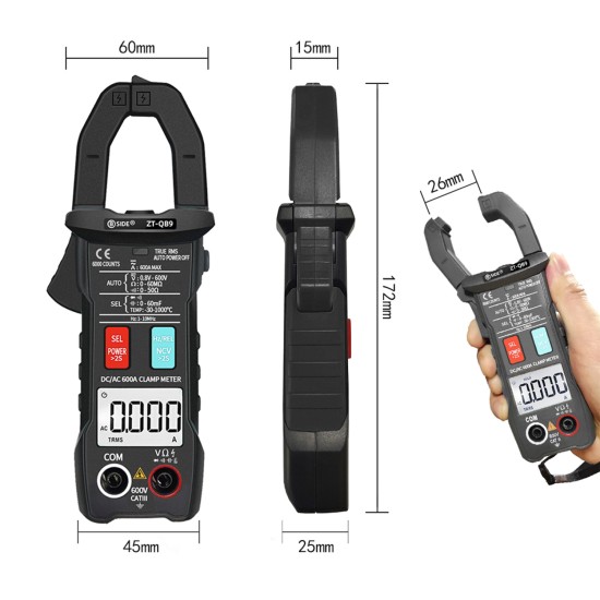 BSIDE DC/AC 600A Digital Clamp Meter TRMS Smart pliers Current Ammeter 6000 Auto Rang Multimeter Capacitor Voltage NCV Hz Tester ZT-QB9