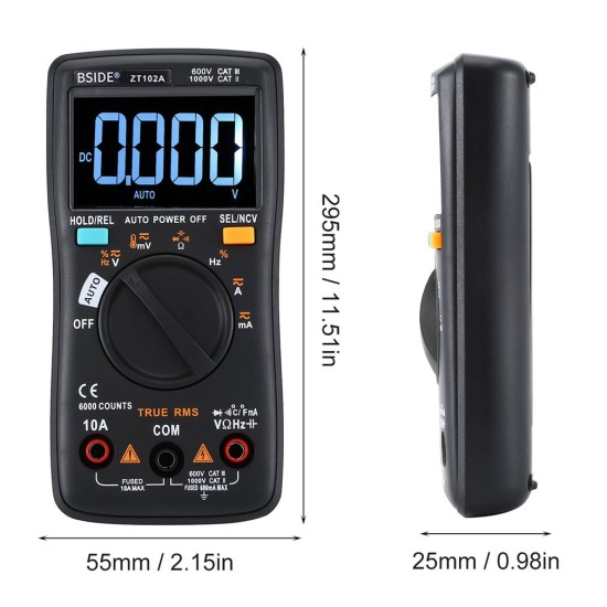 BSIDE ZT102A EBTN LCD Digital Multimeter TRMS AC/DC Voltage Current Temp Ohm Frequency Diode Resistance Capacitance Tester ZT102A