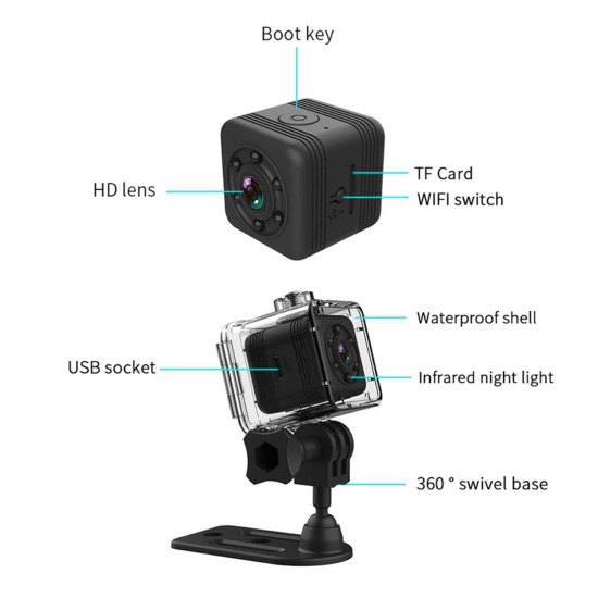 SQ29 Mini Camera Waterproof Shell Back Clip 360Dgree Back Clamp Base Waterpoof Base Data Line User Manual black