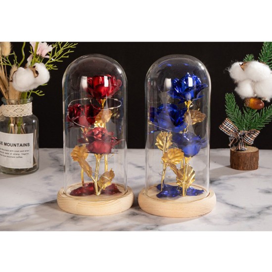 Colored  Roses  Ornaments 3 Flowers Glass-covered Gold-leaf Artifical Roses Luminous Led Night Light Creative Valentine Day Gifts Log Blue Flower