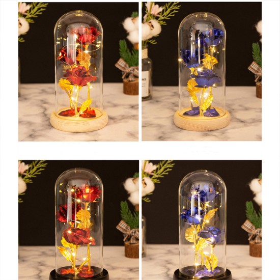 Colored  Roses  Ornaments 3 Flowers Glass-covered Gold-leaf Artifical Roses Luminous Led Night Light Creative Valentine Day Gifts Log Blue Flower