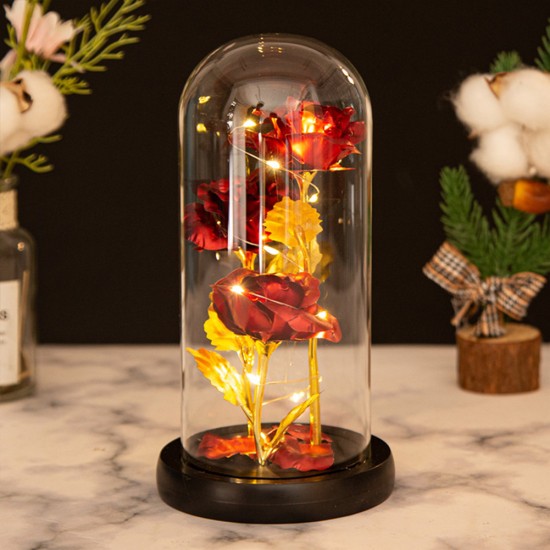 Colored  Roses  Ornaments 3 Flowers Glass-covered Gold-leaf Artifical Roses Luminous Led Night Light Creative Valentine Day Gifts Red flowers black