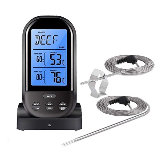 Digital Meat Thermometer with Waterproof Dual Probe Wireless Remote Thermometer for BBQ, Oven, Smoker, Grill  black