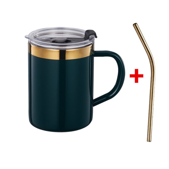 Double Wall 304 Stainless Steel Coffee Mug With Lid Portable Cup Travel Tumbler Office Water Mugs Large dark green gold