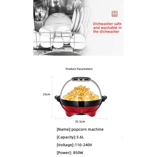 Electric Popcorn Machine Household Automatic Rapid Heating Detachable Non-stick Popcorn Dish 3.6L EU Plug