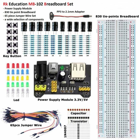 Electronic Components MB102 Breadboard PSU Set 2.1mm to PP3 Lead