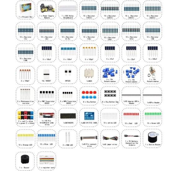 Electronics  Component Super Kit with Jumper Wires Color Led Resistors Register Card Buzzer