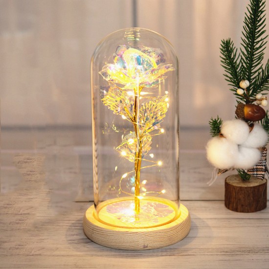 Glass  Dome  Cover  Roses  Ornaments Colorful Bendable Led Light Bar Valentine Day Creative Gift Weddings Family Dinners Decoration Warm white light + 3 leaves