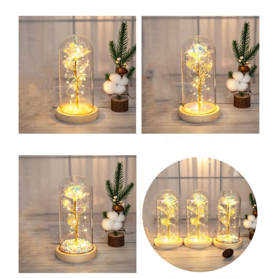 Glass  Dome  Cover  Roses  Ornaments Colorful Bendable Led Light Bar Valentine Day Creative Gift Weddings Family Dinners Decoration Warm white light