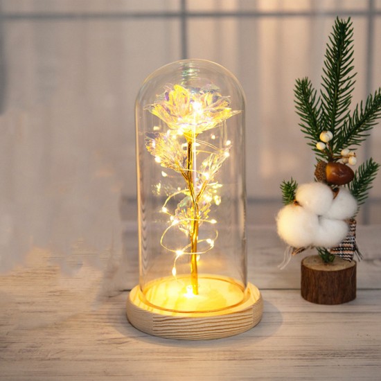 Glass  Dome  Cover  Roses  Ornaments Colorful Bendable Led Light Bar Valentine Day Creative Gift Weddings Family Dinners Decoration Warm white light