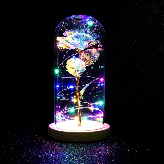 Glass Dome Rose with Wooden Base Valentine's Day Gifts Christmas LED Rose Lamps Home Decoration As shown