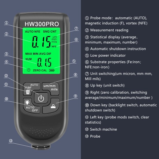 HW-300PRO Coating Thickness Gauge 0-2000um Digital Lcd Display Paint Thickness Meter Black