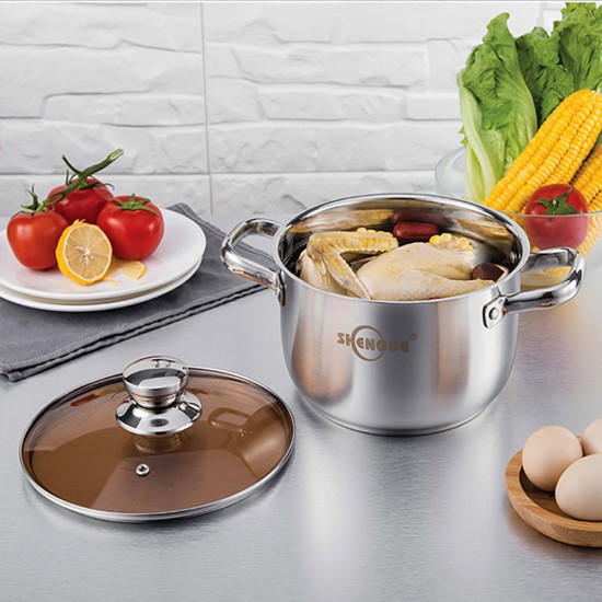 Household Soup Pot Non-sticky Thickened Stainless Steel Binaural Pot Induction Cooker with Tempered Glass Lid