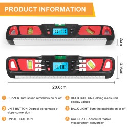 Hw-200 Digital Angle Finder Torpedo Level Protractor Ltd Backlight Inclinometer with Inverted Display Function Red