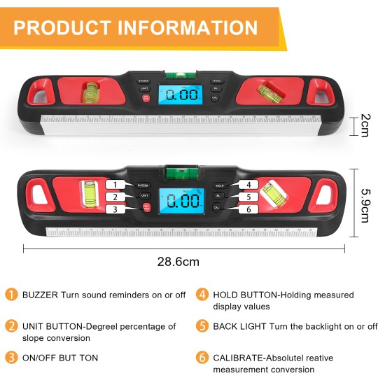 Hw-200 Digital Angle Finder Torpedo Level Protractor Ltd Backlight Inclinometer with Inverted Display Function Blue