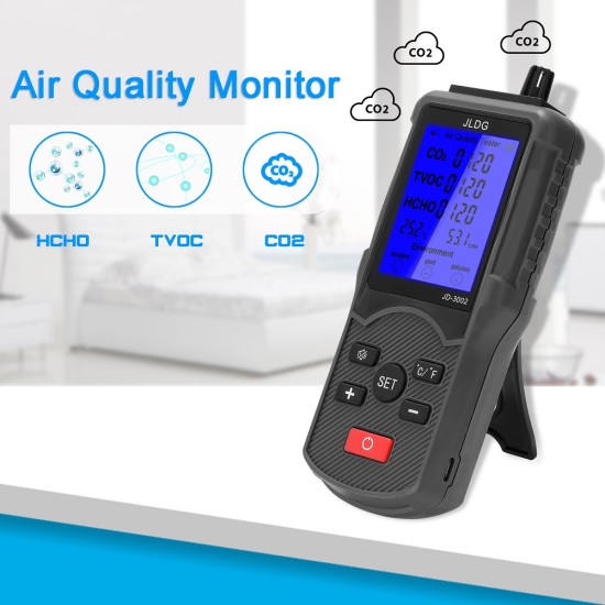 Jd-3002 Co2 / Tvoc / Hcho / Air Quality Detector With Large Lcd Display Temperature Humidity Meter carton