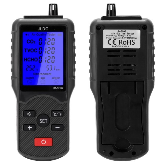 Jd-3002 Co2 / Tvoc / Hcho / Air Quality Detector With Large Lcd Display Temperature Humidity Meter carton