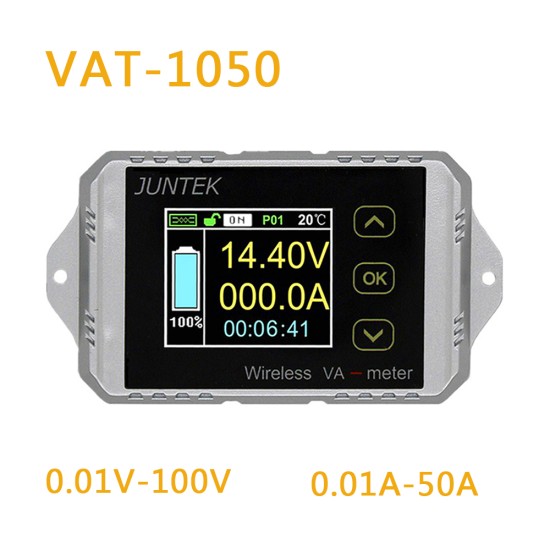 Juntek VAT1050 Wireless Voltage Current Meter 100V 50A Car Battery Monitoring 12V 24V 48V