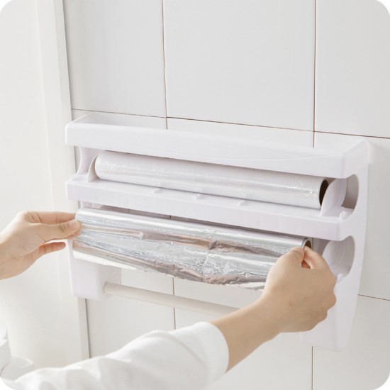 Kitchen Storage Box Rack with Cutter for Aluminum Foil Grilled Paper Tissue Roll white