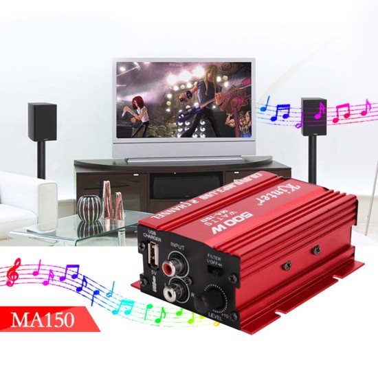 MA150 500W Car Motorcycle 12V 2CH 2 Channel Audio AMP Amplifier Subwoofer red