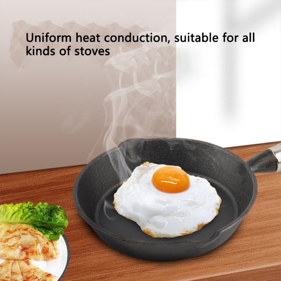 Mini Cast Iron Pan Frying Pan Thickened Mini Kitchen Egg Pan with Wooden Handle 16cm