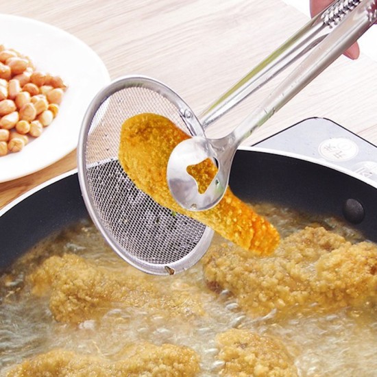 Multi-functional 2-in-1 Stainless Steel Filter Spoon Spider Strainer Ladle with Clip for Fried Food