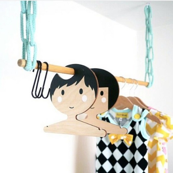 Nordic Style Cartoon Boy Pattern Wood Hanger Storage Rack for Kids Clothes Room Decoration black_9