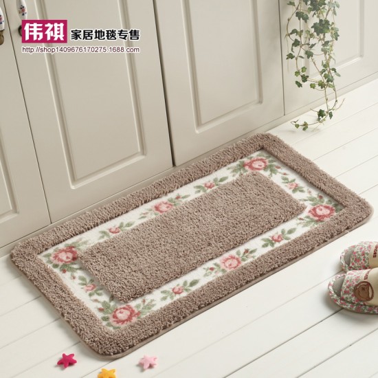 Pastoral Style Rose Pattern Non Slip Water Absorption Rectangle Carpet Floor Mat