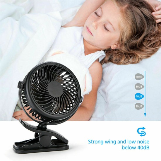 Portable Clip On Electric  Fan 3 Speed Adjustable Mini 360 Degree Rotatable Low Noise Cooling Fan black