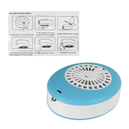 Portable Desktop MINI Fan with Mirror Cool Summer Phone Stand USB Charging Desk Fan,Blue blue