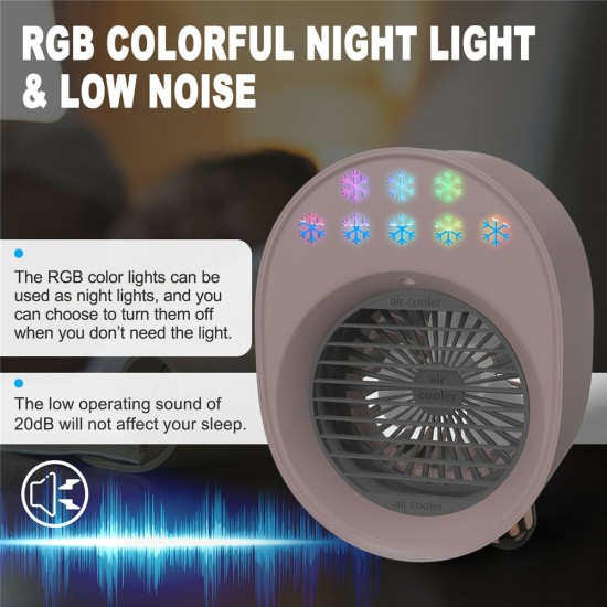 Portable Mini Air  Conditioner With Rgb Lights Desk Fan Low Noise Usb Power Supply Cooler Humidifier Purifier White