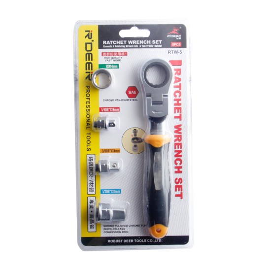 RDEER Ratchet Wrench Set Adjustable Wrench with 1/4in 3/8in 1/2in Socket Wrench 5pcs Silver