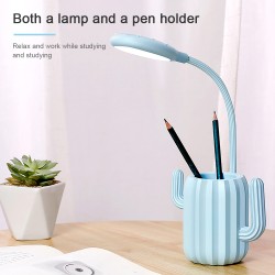 Rechargeable Flexible Lamp Cactus Shape with Pen Holder Creative 13 LED USB Touch  Night Reading Light Eye Protective Lamp blue