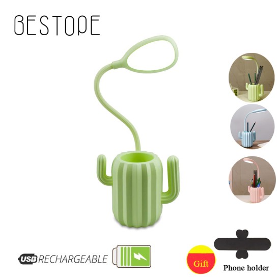 Rechargeable Flexible Lamp Cactus Shape with Pen Holder Creative 13 LED USB Touch  Night Reading Light Eye Protective Lamp blue