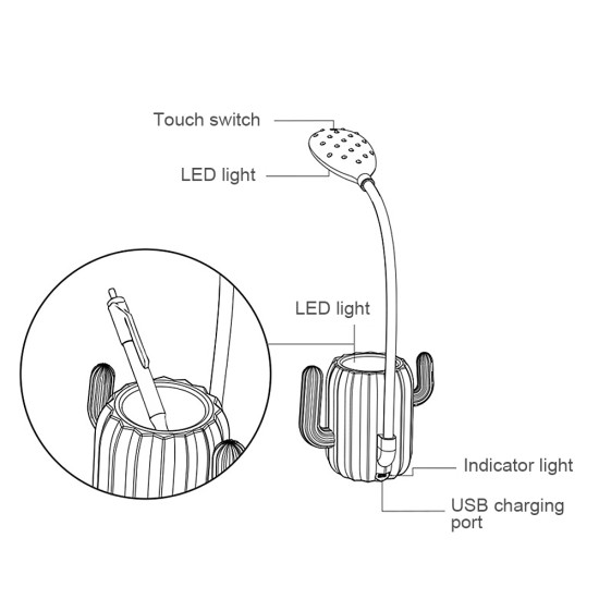 Rechargeable Flexible Lamp Cactus Shape with Pen Holder Creative 13 LED USB Touch  Night Reading Light Eye Protective Lamp Pink