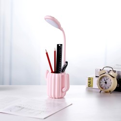 Rechargeable Flexible Lamp Cactus Shape with Pen Holder Creative 13 LED USB Touch  Night Reading Light Eye Protective Lamp Pink