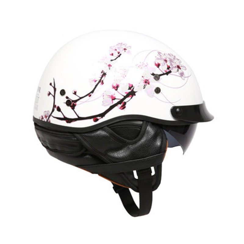 Retro Helemt Half Face Motorcylce Hat FRP Prince Helmet Bright white cherry blossom XXL Retro Helemt Half Face Motorcylce Hat FRP Prince Helmet Bright white cherry blossom XXL